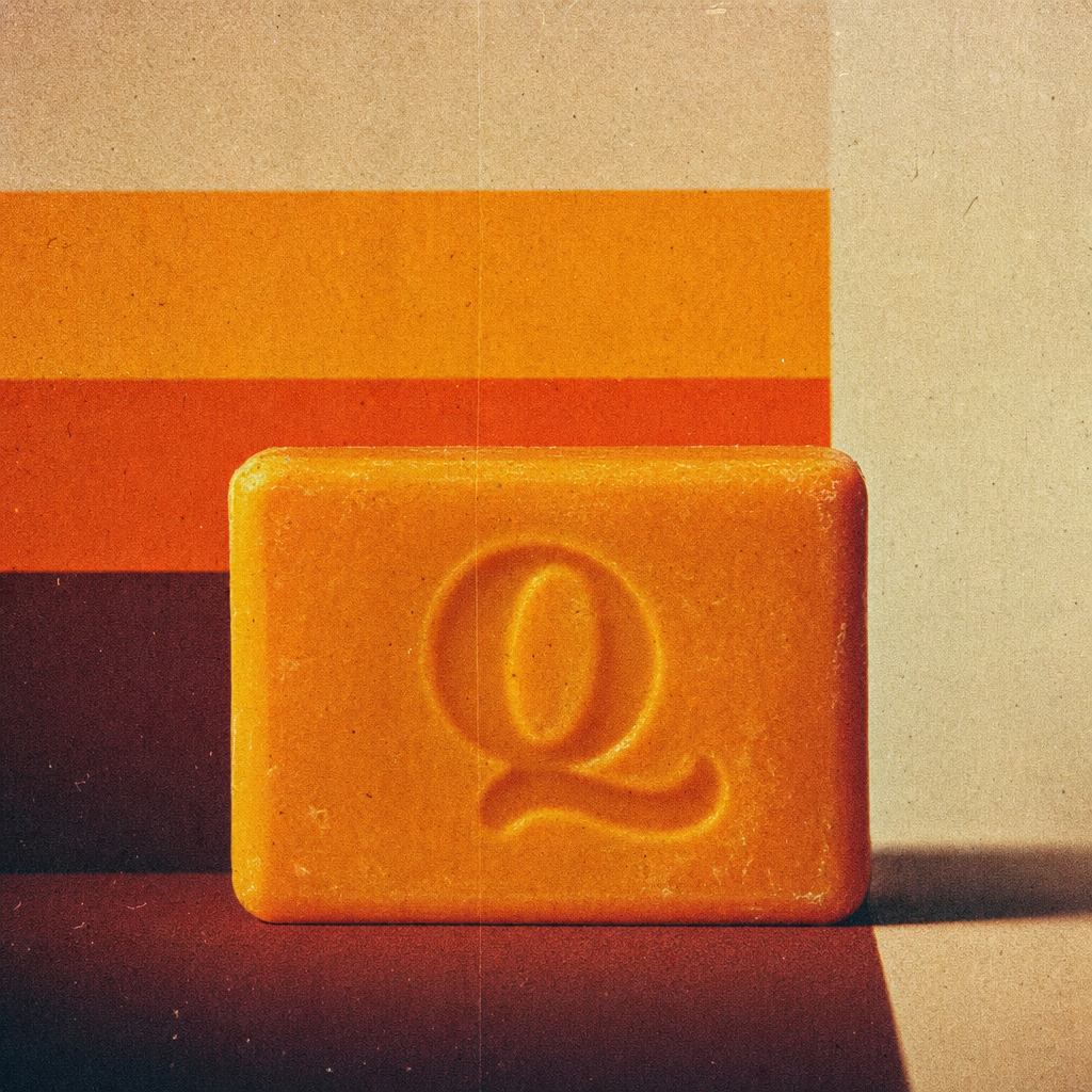 Quell turmeric soap bar with embossed Q on a 1970s striped backdrop